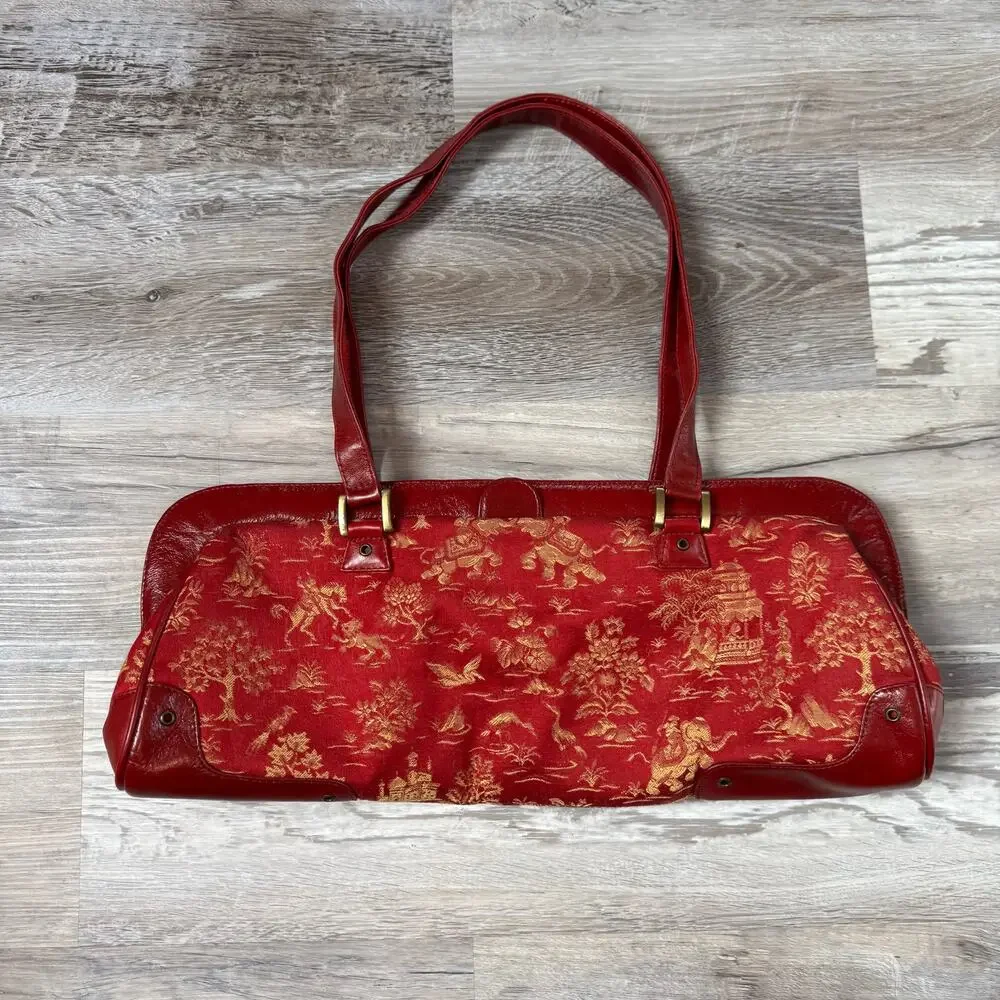 Vintage Paint the Lily Red Leather Tapestry Shoulder Bag Toile
